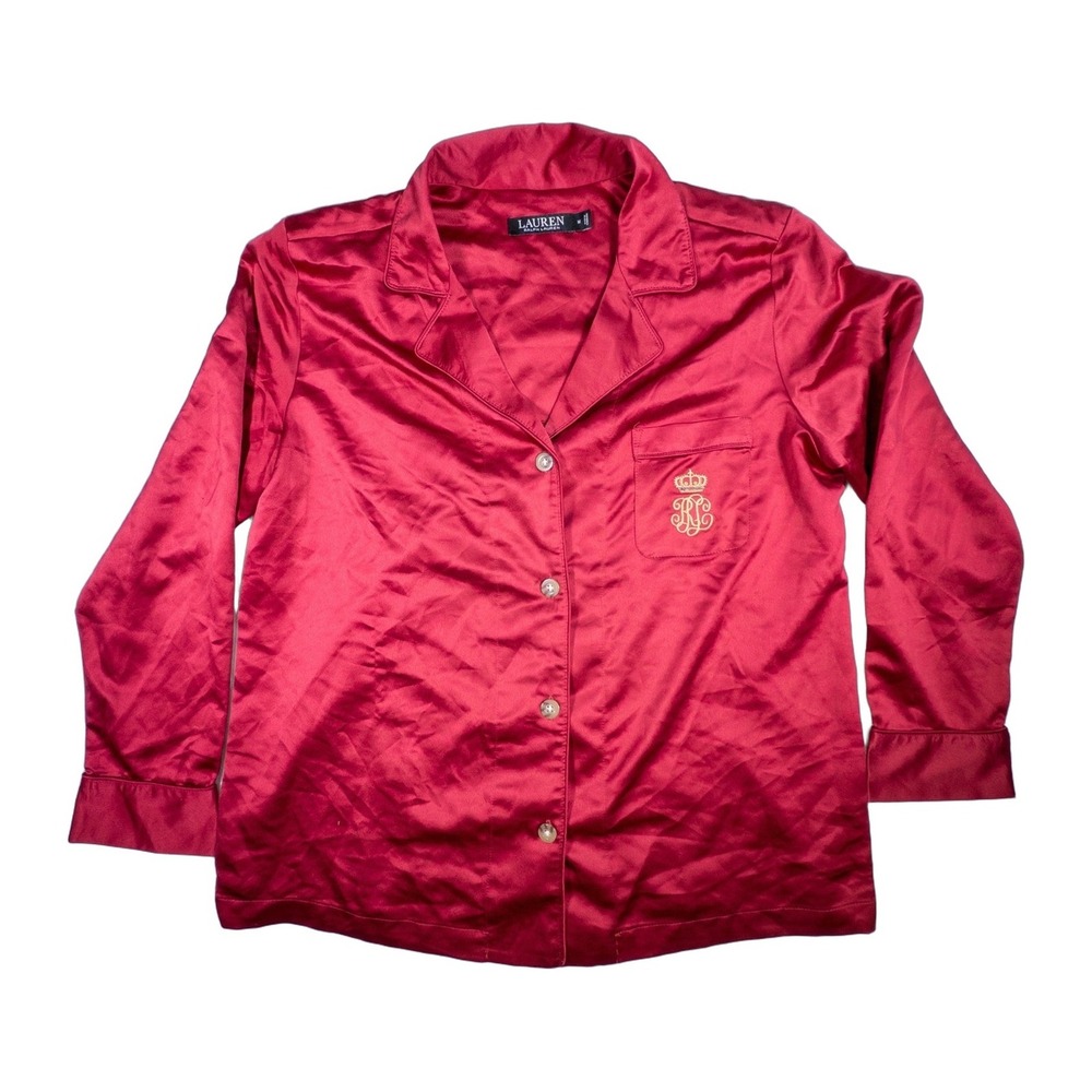 Lauren Ralph Lauren Red Satin Pajama Top Button Up Long Sleeve Embroidered Sz M